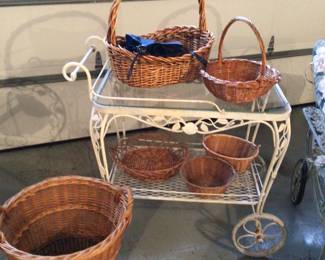 Baskets, tea cart metal & glass 37” x 22” x 34” H
