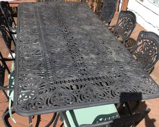 Patio table, 8 chairs, chair pad, umbrella & stand