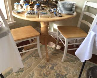 Round drop leaf country table with 2 chairs, 39” dia. X 29” H