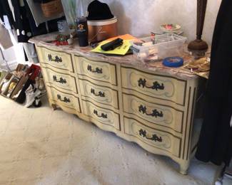 French provincial dresser w/ pink marble top 21” x 66” x 32” H