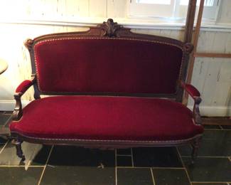 Red velvet Victorian sofa 64” x 32” x 44” H