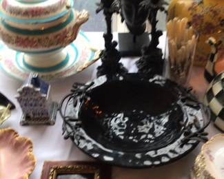 Metal candle holders, glass & metal plate, Buddha bust