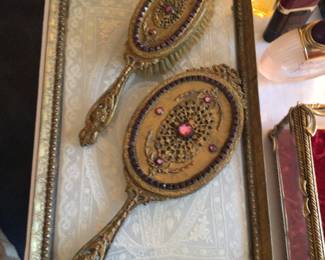 C. 1920’s dresser tray with mirror & brush 