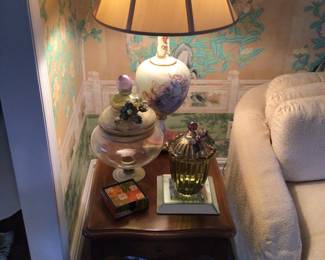 Lamp, cover jars, side table