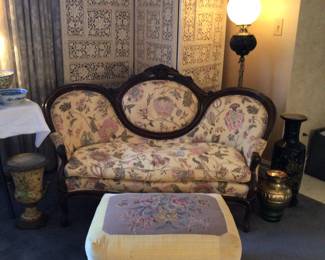 Victorian settee 58” x 26” x 36” H / Antique needlepoint footstool 26” x 20” x 15” H