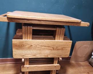 VINTAGE MID CENTURY OAK SET OF 4 FOLDING TABLES. VERY HIGH QUALITY