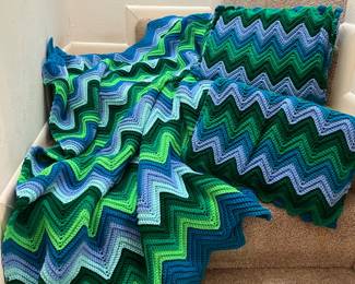 Handmade crocheted blanket and two pillows