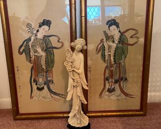 These two pictures are hand painted on silk fabric. The Asian lady in front is a nice compliment to them.