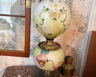Victorian Parkor Lamp with Hand-Painted Floral Design 