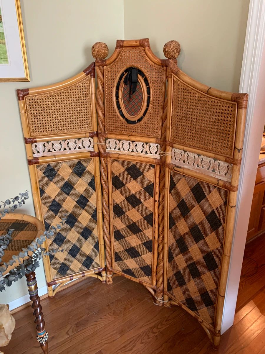 #105	Basketweave & Wood/Cane 3 panel Screen  - 15x21 - 46 Total Width x 60" Tall	 $120.00 
