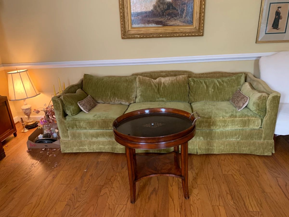 #1	Henredon green velvet sofa with loose back pillow 89 inch long 	 $75.00 