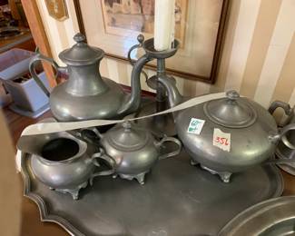 #356	Set of Pewter Coffee Tea, Sugar and Creamer w/candlestick and tray	 $60.00 