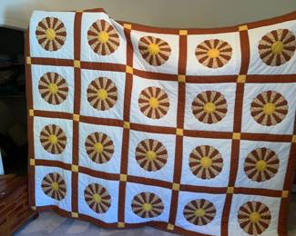 #156	Grandmothers Flower set w/brown & Gold - Hand-Quilted Quilt- 80x100 w/polyester Batting	 $60.00 