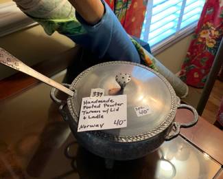 #339	Handmade Footed Pewter Toureen w/lid and ladle	 $40.00 