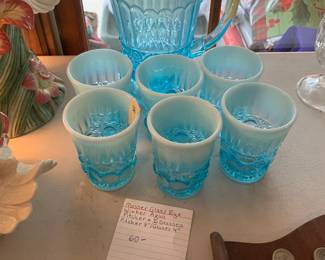 #325	Mosser Glass Eye Winker Aqua Pitcher & Glasses Picther 8"/Glasses 4"	 $60.00 