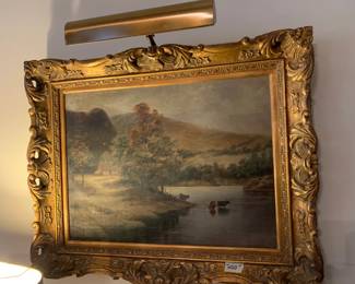 #352	oil of 3 long horn cows in water w mountain in gold frame 31x25 with light	 $200.00 