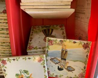 #289	Porcelain Hand-Painted Ceramic Tile Set of 22 Mixed Tile w/flowers and people - 5.5" Tiles 	 $60.00 