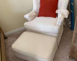 #147	White Upholstered Club Chair w/ottoman (as is finish on ottoman) upstairs you move	 $75.00 