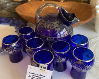 #319	Cobalt Blue Venetian Glass w/Sterling Silver Overlay - Pitcher & 7 Glasses	 $75.00 