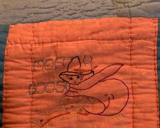 #155	Hand-Embroidered Blocks w/nursery Rhyme Blocks on Pink w/Blue Squares w/scalloped edges - Hand-Quilted - Very Old - 64x76	 $75.00 