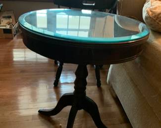 #50	Pedestal Round Drum  Table w/Beveled Glass Protect Top w/1 drawer w/lion pull - 24round x 27	 $125.00 