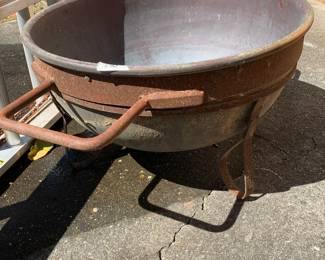 #230	large copper pot with iron holder as is welded bottom 26x15	 $100.00 