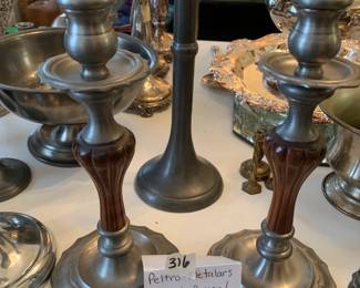 #316	Peltro Metalars handmade Pewter/Wod Candlestick Holder - 2 pc set	 $30.00 