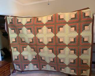 #159	Brown/Peach Cream Calico Log Cabin Hand-Quilted w/polyester Batting - 68x96	 $65.00 