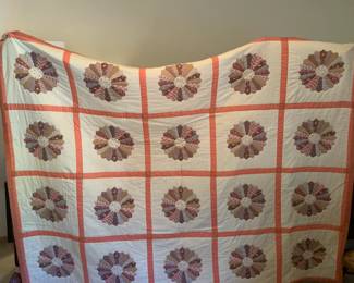 #160	Coral/brown Grandmothers Flower w/sashing - Hand-Quilted - 72x94	 $65.00 
