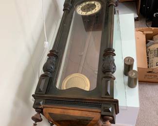 #131	Wood Antique Wall Clock w/weights and glass sides - 15x43x7D - as is needs work	 $30.00 