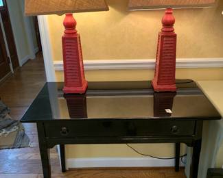 #20	Pair of Red Painted Lamps - 29" tall	 $100.00 #19	Black Lacquer Painted Side Table w/1 drawer - 38x18x13	 $100.00 
