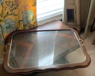 #146	Wood Table w/Glass Tray Top Lift-Off Table  w/brass handles- 25x17x18	 $75.00 