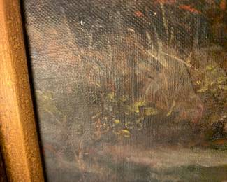 #352	oil of 3 long horn cows in water w mountain in gold frame 31x25 with light	 $200.00 