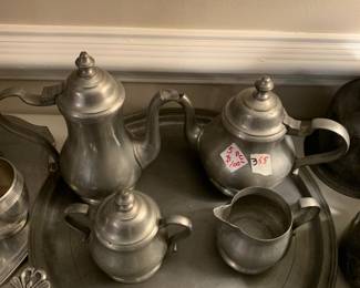 #355	5 pc pewter tea coffee set on tray	 $100.00 