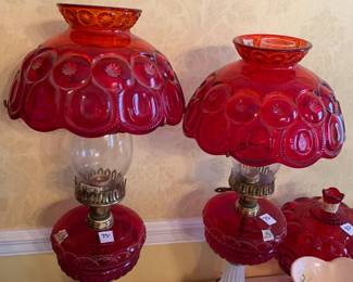 #308	Cranberry Table Lamp (electric)  w/Milkglass Brass Accendts w/moon and starts pattern (has added Cranberry Glass top) - 26" Tall - sold as a pair	 $150.00 