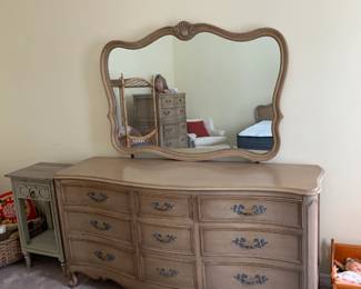 #142	Morganton Curved Front Dresser w/9 drawers & Mirror - French Provencial Style - 64x19x32  Mirror - 49x36 - Upstairs You Move	 $125.00 