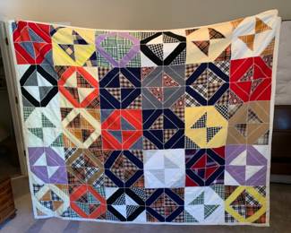 #157	Scrappy Mixed Materal Blanket Stitch Quilt - w/no batting - Hand tied - 78x66 (has some moth holes)	 $50.00 