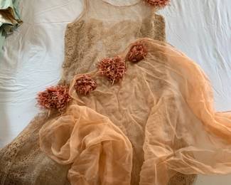 #89	Vintage Peach Shawl and Hand Croqueted Flapper Dress Early American	 $40.00 