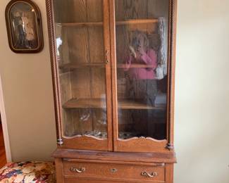 #107	Wood Gun Cabinet w/3 wood Shelves & 3 drawers - w/glass doors and wood pull-out Tray - 36x17x78T - 1 piece - upstairs you move down	 $220.00 