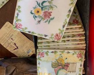 #290	Porcelain Hand-Painted Ceramic Tile Set of 22 Mixed Tile w/flowers and people - 5.5" Tiles 	 $60.00 