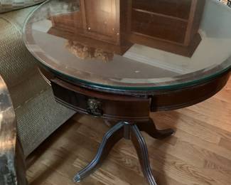 #50	Pedestal Round Drum  Table w/Beveled Glass Protect Top w/1 drawer w/lion pull - 24round x 27	 $125.00 