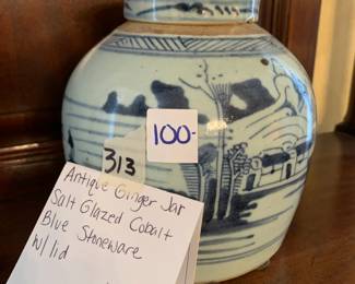 #314	Antique Ginger Jar Salt Glazed Cobalt Blue Stoneware w/lid	 $100.00 