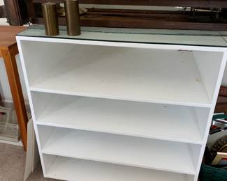 #132	Wood White painted 4 shelf Cabinet w/Glass Protect on top - 21.5Dx26Hx28T - Upstairs you Move	 $45.00 