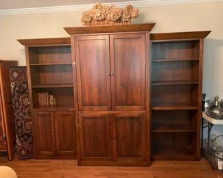 #40	3 pc Entertainment Center w/2 side Bookcases w/center piece with 4 doors - 30x18x75 (sides) and Center piece - 42x23x79 - Overall  101" Wide - You Move no help	 $100.00 