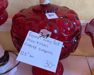 #309	Fenton Ruby Re Moon and Stars Covered Compote - 12.5" Tall	 $30.00 