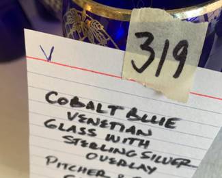 #319	Cobalt Blue Venetian Glass w/Sterling Silver Overlay - Pitcher & 7 Glasses	 $75.00 