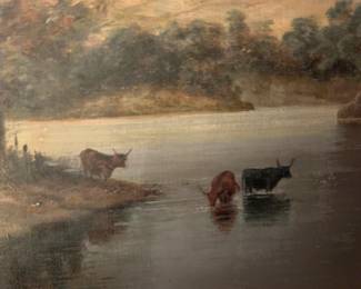 #352	oil of 3 long horn cows in water w mountain in gold frame 31x25 with light	 $200.00 