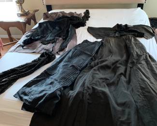 #87	1890s Victorial Mourning Wear - Includes the Underskirt, skirt, 3 cape/jackets, Head piece, Shawl, silk dress, outer skirt and scarf 	 $300.00 