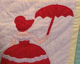 #162	Sonbonnet Sue w/blanket Stitched Sue w/sashing and 9 patch Joints on Sashing - Polyester Batting and Hand Quilted - 84x80	 $85.00 