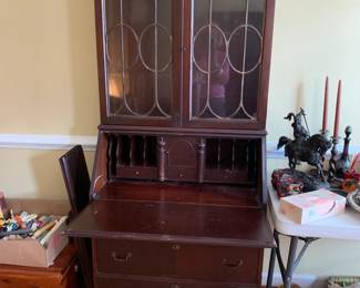 #9	Antique Secretary w/drop-down Front & 2 glass Doors & 3 drawers - 32x17-30x72T  (one drawer slide has broken)	 $175.00 
